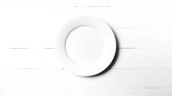 Piatto Vuoto Sfondo Tavolo Bianco Nero Tono Colore Stile — Foto Stock