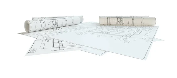 Rolled House Blueprints Aislado Sobre Fondo Blanco Ilustración —  Fotos de Stock