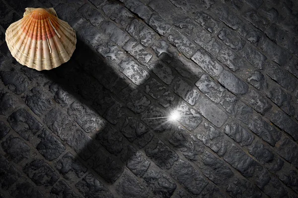 石と暗い背景に十字の形の影を持つ貝殻 サンティアゴ コンポステーラ スペイン の巡礼の概念 — ストック写真