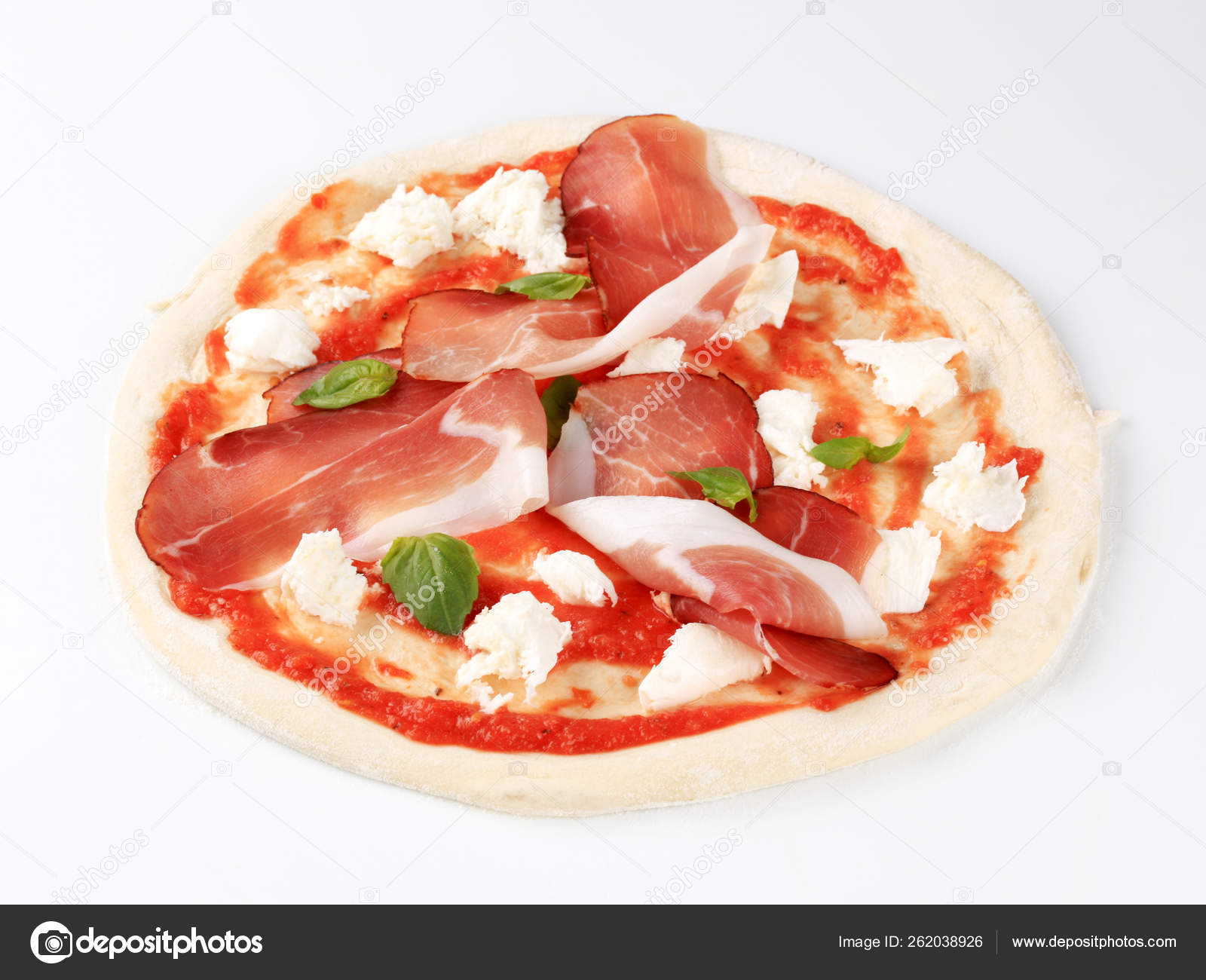 Raw Pizza Dough Mozzarella Proscuitto Top Stock Photo by ©YAYImages