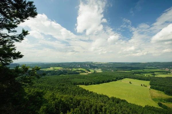 Hermoso Paisaje Verano Con Prados Bosques Cielo — Foto de Stock