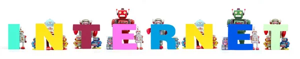 Retro Plåtburk Robot Leksaker Håller Upp Ordet Internet Solated Vita — Stockfoto