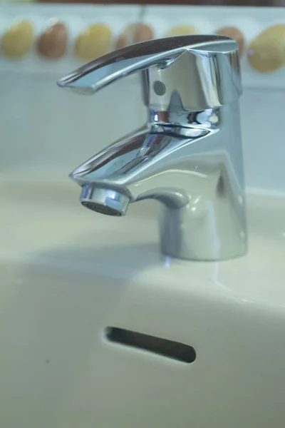 Domestic Bathroom Wash Basin Tap Close Photo Shallow Depth Focus — Stock Photo, Image