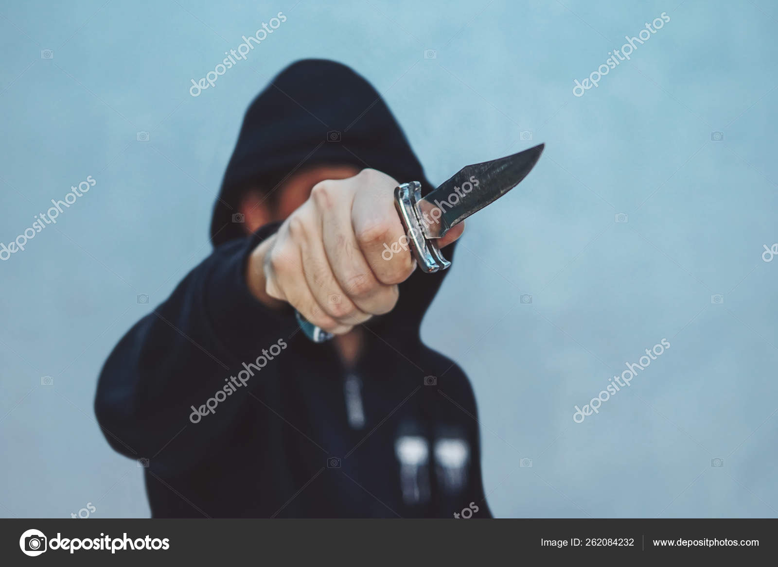 Man Attack Knife Guy Knife Hand Wearing Black Hood Threat Stock Photo