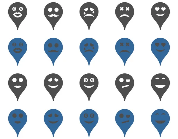 Emotion map marker icons. Glyph set style is bicolor flat images, cobalt and gray symbols, isolated on a white background.