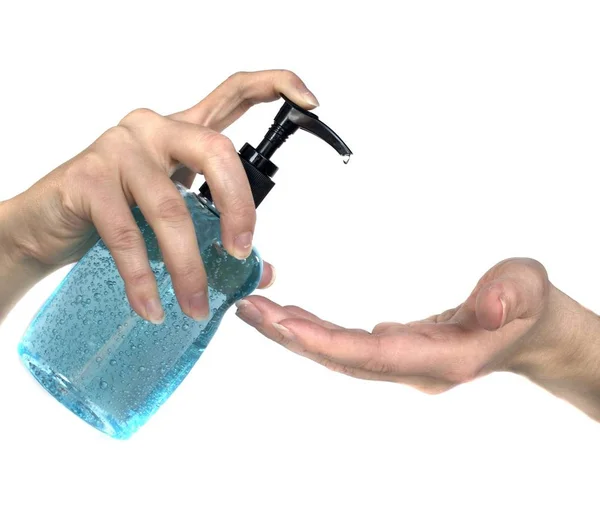 Aplicando Higienizador Mão Partir Dispensador Estilo Bomba — Fotografia de Stock