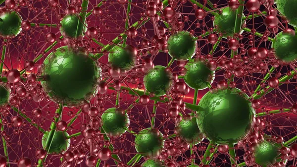 Červené Zelené Molekulární Geometrické Chaos Abstraktní Struktura Věda Technika Síťové — Stock fotografie