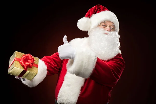 Glücklich Weihnachtsmann Mit Geschenkbox Der Hand Zeigt Daumen Nach Oben — Stockfoto