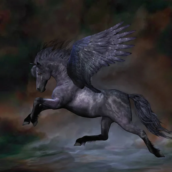 Egy Gyönyörű Fekete Pegasus Mén Repül Ködös Víz — Stock Fotó