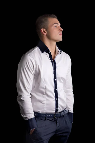 Perfil Joven Atractivo Con Camisa Blanca Manos Bolsillos Mirando Lado —  Fotos de Stock