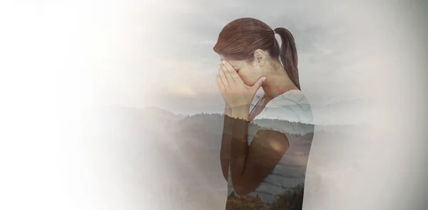 Side View Upset Woman Covering Face Trees Mountain Range Cloudy — Stock Photo, Image