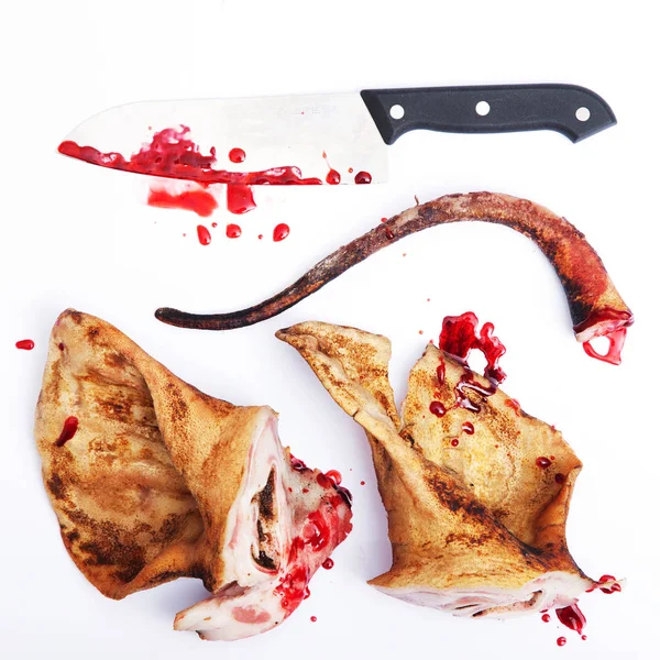 Pork Ears Knife Blood White Background Concept Idea — Stock Photo, Image