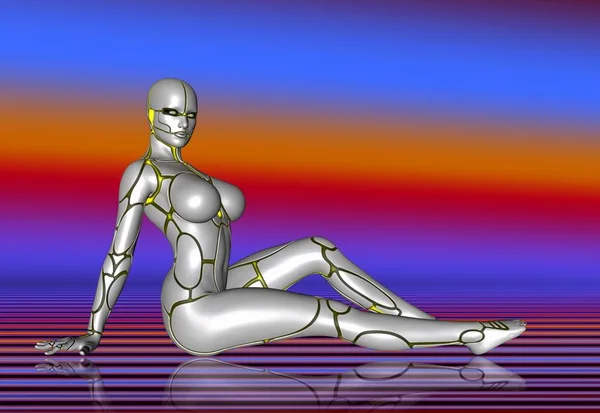 Happy robot woman sitting .