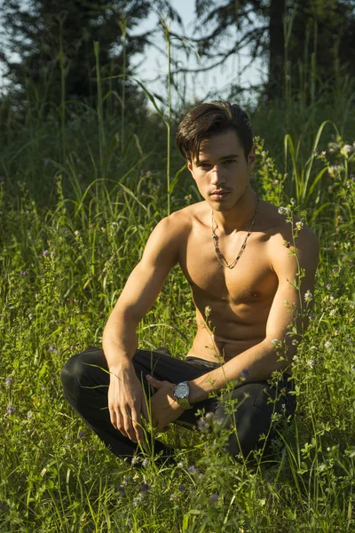 Nostálgico Joven Sin Camisa Parque Mientras Arrodilla Hierba Verde Mirando —  Fotos de Stock