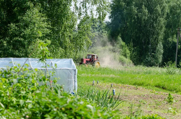 Viejo Pequeño Tractor Rojo Grada Suelo Polvo Arboleda Viento Cerca — Foto de Stock