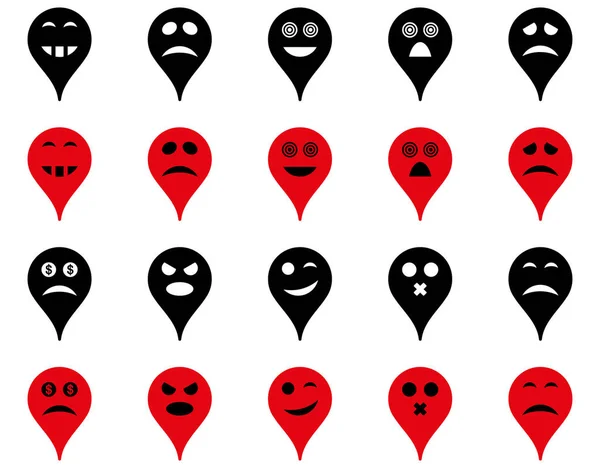 Emotion map marker icons. Glyph set style is bicolor flat images, intensive red and black symbols, isolated on a white background.