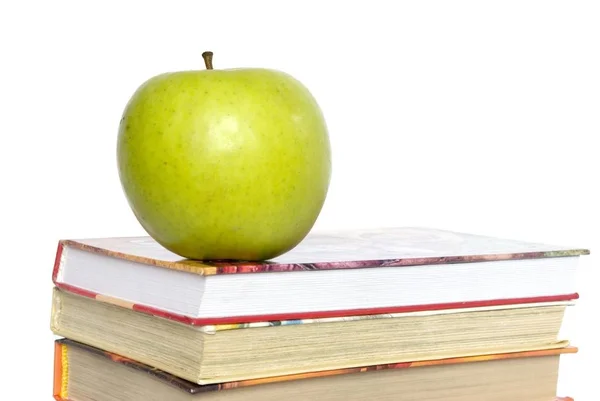 Зелене Яблуко Стопка Книг Школи — стокове фото