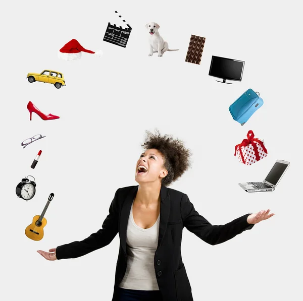 Beautiful Afro American Woman Juggling Multiple Objects Air — Stock Photo, Image