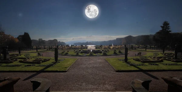 The gardens at Trentham, Staffordshire, England, photographed by the light of a full moon.