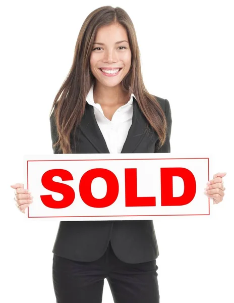 Real Estate Agent Showing Sold Sign Isolated White Background Mixed — Stock Photo, Image