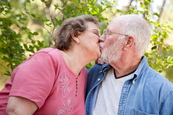 Kochający Starszy Para Całowanie Ciesząc Wolnym Powietrzu Razem — Zdjęcie stockowe