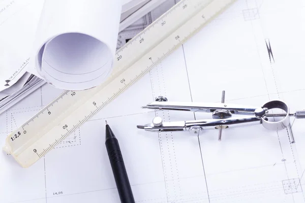 Építész Tervrajz Felszerelés Tárgyak Munkahelyi Papír Iroda — Stock Fotó