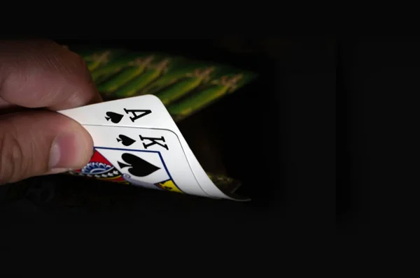 Two Cards King Ace Spades Black Background Player Hand Luck — Stock Photo, Image