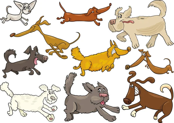 Cartoon Illustratie Van Verschillende Speelse Running Honden Pups Set — Stockfoto