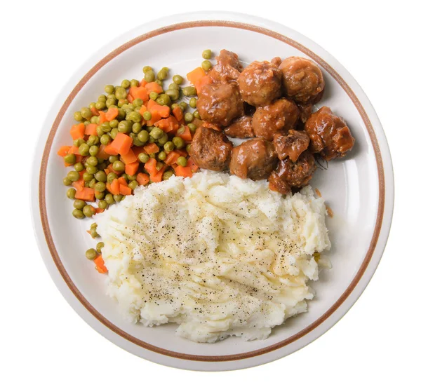 Ein Amerikanisches Abendessen Mit Kartoffelpüree Mit Süßen Und Sauren Fleischbällchen — Stockfoto