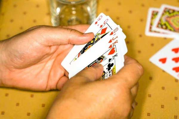 Hands Player Playing Cards Game Table — Stock Photo, Image