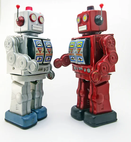 Zwei Retro Roboter Treffen Sich Und Schütteln Die Hände — Stockfoto