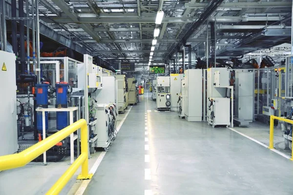 Interior Industrial Fábrica Con Ordenadores Robots — Foto de Stock