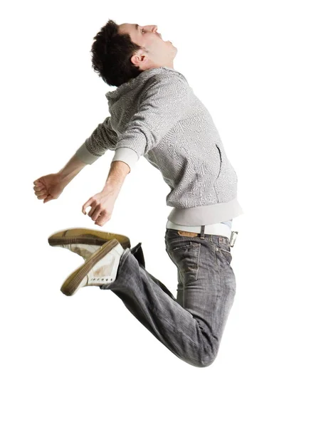 Joven Macho Saltando Aire Sobre Fondo Blanco — Foto de Stock