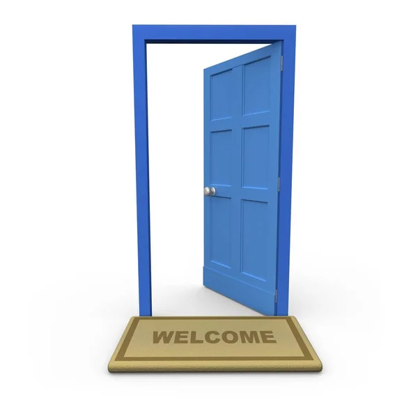 Geïsoleerde Open Deur Met Een Welcome Mat — Stockfoto