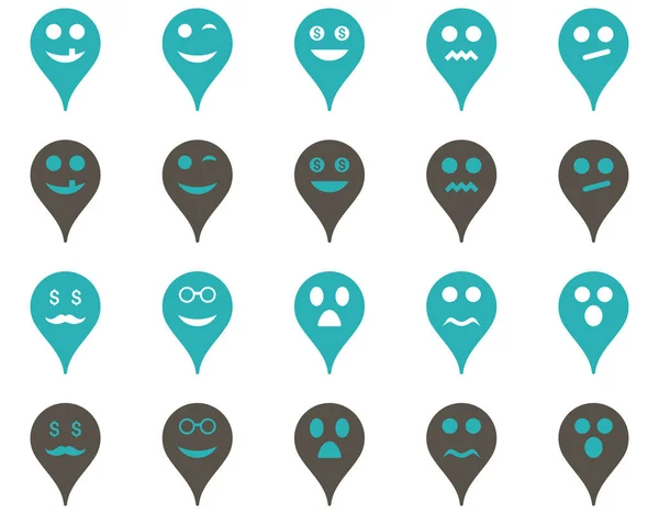 Emotion map marker icons. Glyph set style is bicolor flat images, grey and cyan symbols, isolated on a white background.