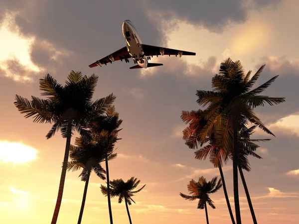 stock image A plane flying high in a tropical sky, over some palm trees.