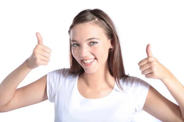 Attractive Young Woman Making Positive Gesture All Isolated White Background — Stock Photo, Image