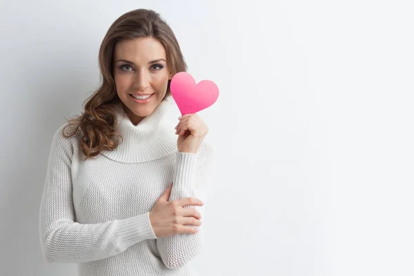 Happy Young Smiling Woman Pink Paper Heart — Stock Photo, Image