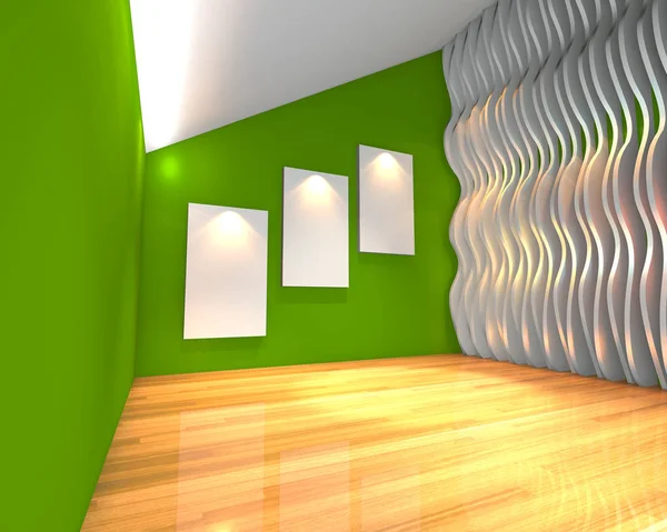 Interior Habitación Vacía Con Lienzo Blanco Pared Onda Verde Galería — Foto de Stock