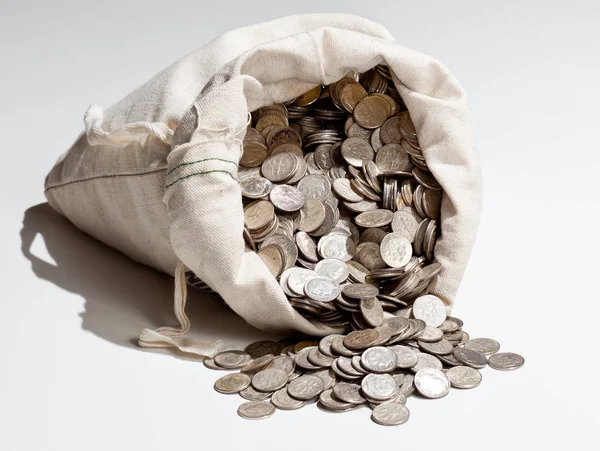 Linen Bag Old Pure Silver Coins Used Invest Silver Commodity — Stock Photo, Image