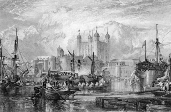 Tower London Hajók Kikötőben Temze Anglia Gravírozva William Miller 1832 — Stock Fotó