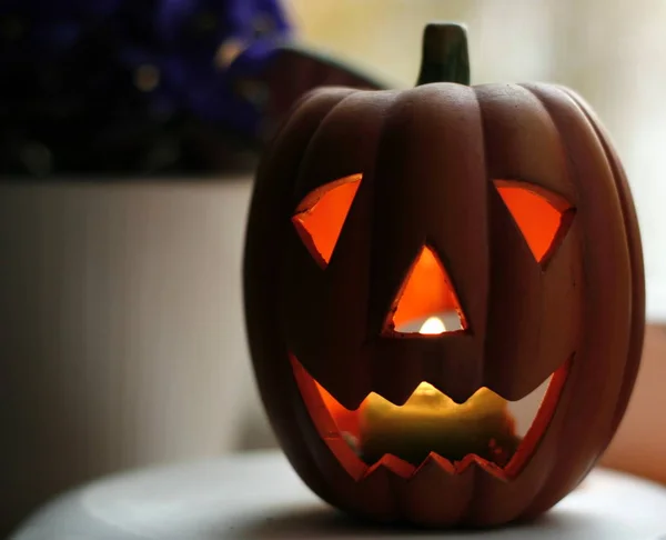 Uitzicht Halloweens Pompoen Kaars — Stockfoto