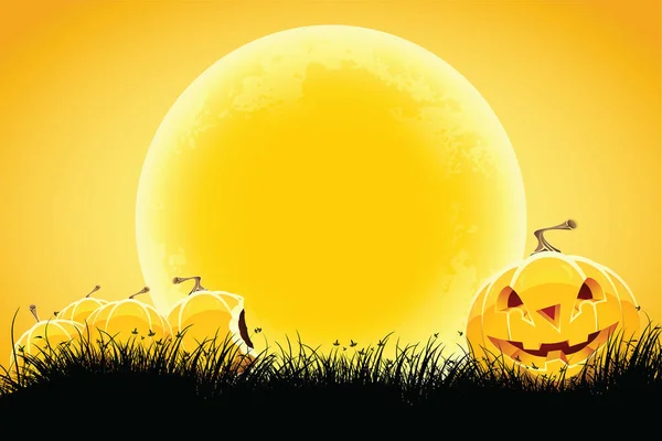 Halloween Zwart Oranje Achtergrond Met Gras Maan Pompoen — Stockfoto