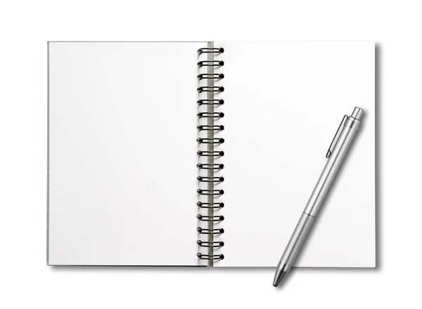 Notebook Espiral Branco Aberto Caneta Mockup Isolado Branco — Fotografia de Stock