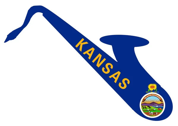 Silhueta Saxofone Com Uma Impressão Bandeira Estado Kansas Dos Eua — Fotografia de Stock