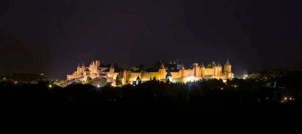 Castillo Carcasona Por Noche Vista Desde Autopista Francia —  Fotos de Stock