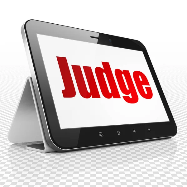Concepto Ley Tablet Ordenador Con Texto Rojo Juez Pantalla — Foto de Stock