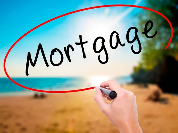 Man Hand Writing Mortgage Com Marcador Preto Tela Visual Isolado — Fotografia de Stock