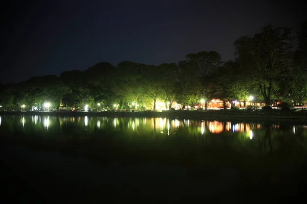 Paisaje Nocturno Árboles Reflejándose Agua Del Lago — Foto de Stock