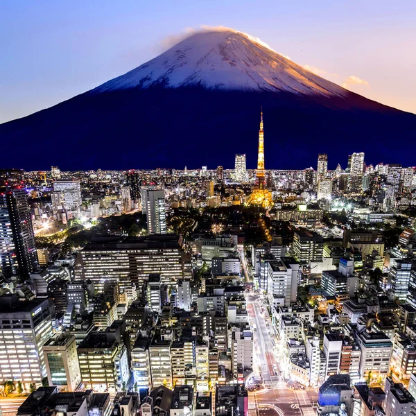 Fuji Und Tokio Stadt Der Dämmerung Besteigen — Stockfoto